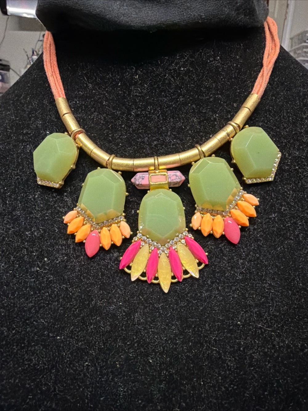J Crew 20” Statement Bib Necklace with Lime Green, Orange & Pink Accents